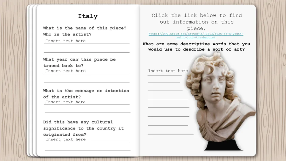 Italy artwork research page featuring a youth's bust, a museum link, and questions about artist and date