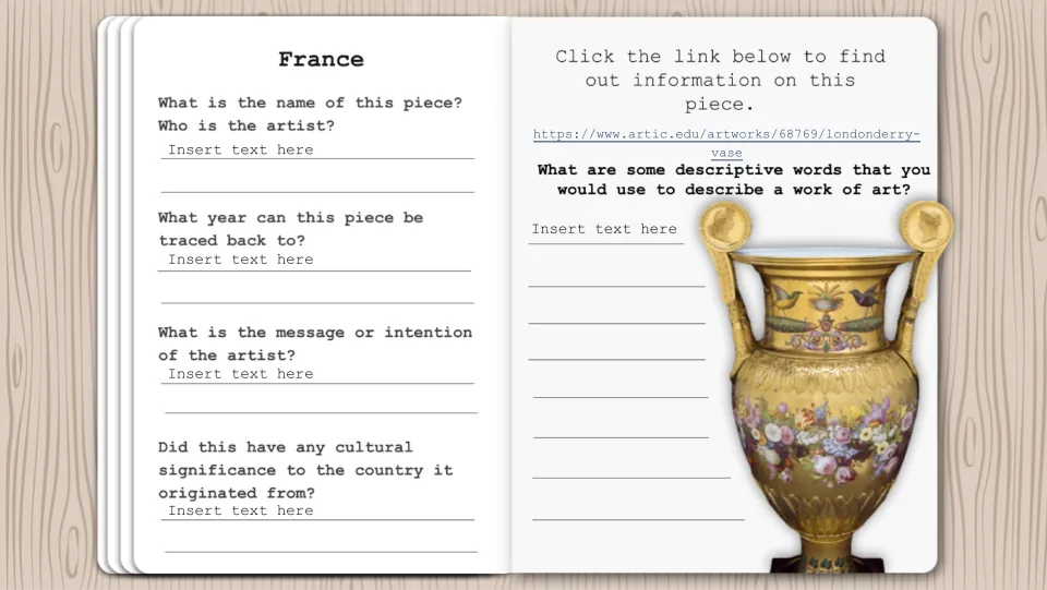 France artwork research page featuring the Londonderry Vase, a museum link, and prompts for descriptive words