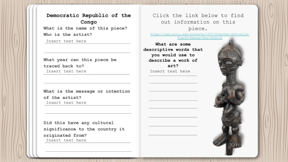 Democratic Republic of the Congo research page featuring a mother-and-child figure and artwork questions