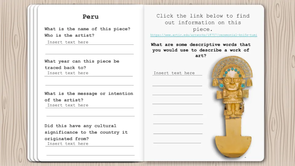 Peru artwork research page featuring a ceremonial knife, a museum link, and questions about cultural significance