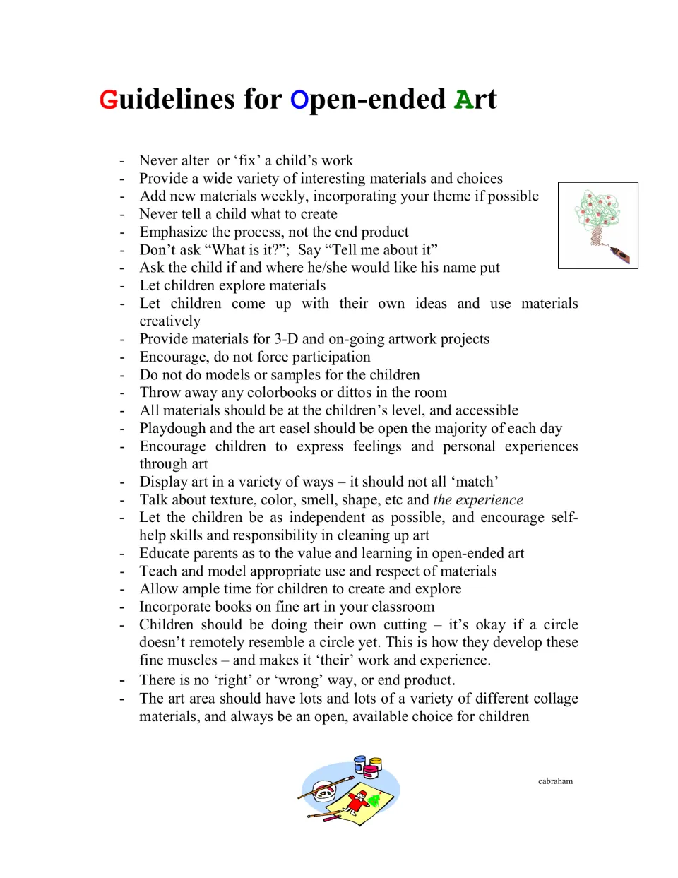 Guidelines for open-ended art: never fix a child's work, stress process over product, say 'Tell me about it'