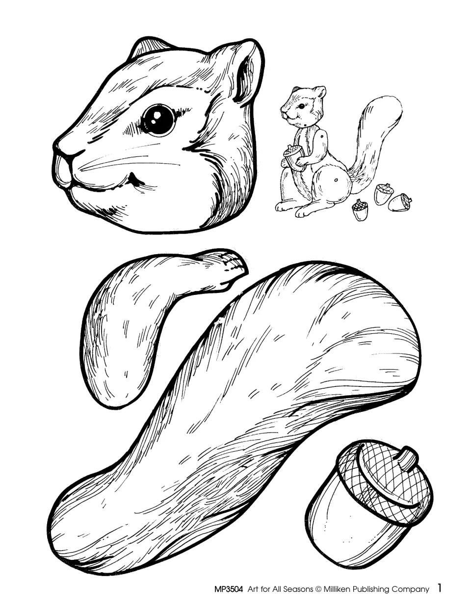 Squirrel craft pattern, first sheet: head, arm, tail, and acorn cutouts, with a small assembled squirrel model