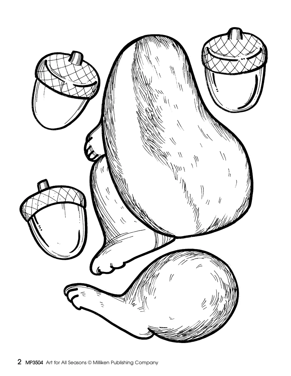 Squirrel craft pattern, second sheet: body, separate hind leg, and three acorns to complete the project