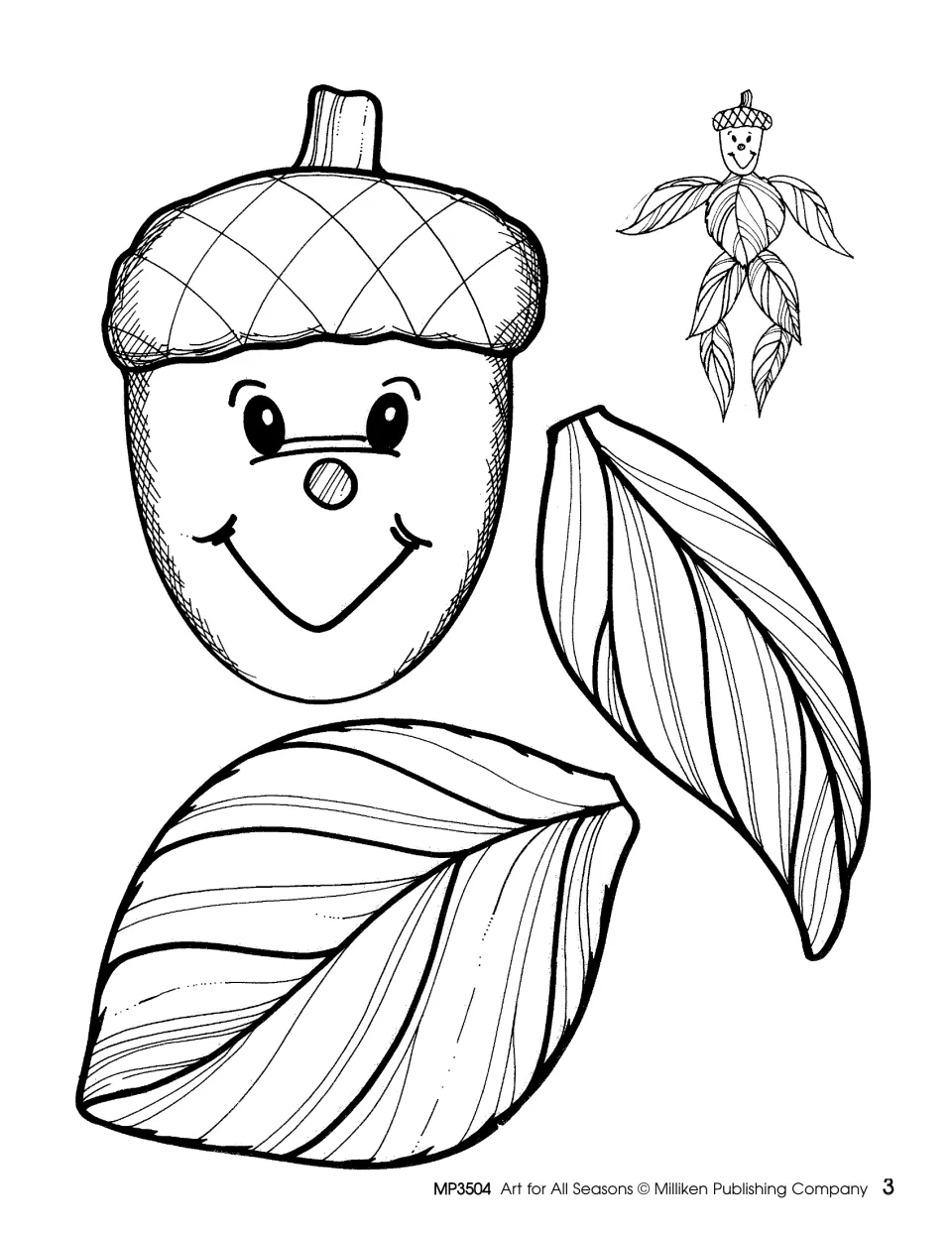 Acorn-and-leaf figure craft pattern, first sheet: smiling acorn head, two leaves, and an assembled model