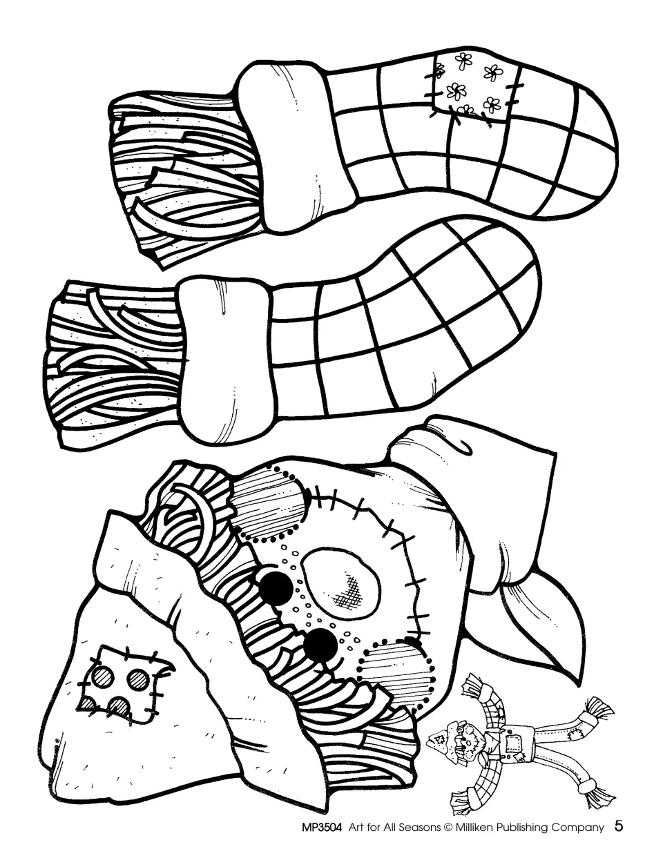 Scarecrow craft pattern, first sheet: two arms and a head wearing a hat and neck scarf, plus an assembled model