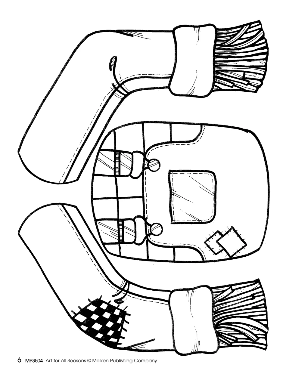 Scarecrow craft pattern, second sheet: a torso wearing patched overalls and two legs ending in straw