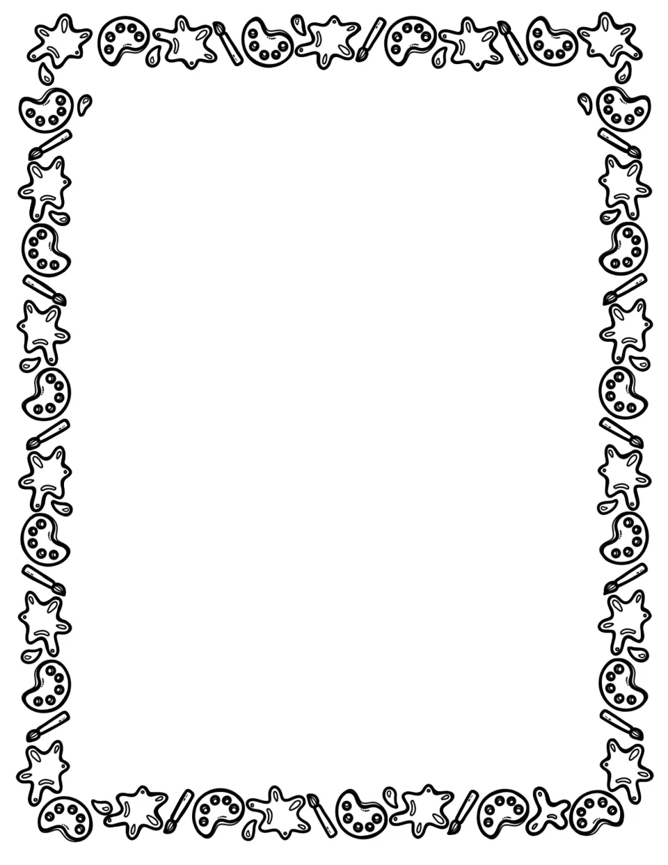 Art supplies page frame: paint palettes, paintbrushes and paint splats circle a blank space to color or fill in