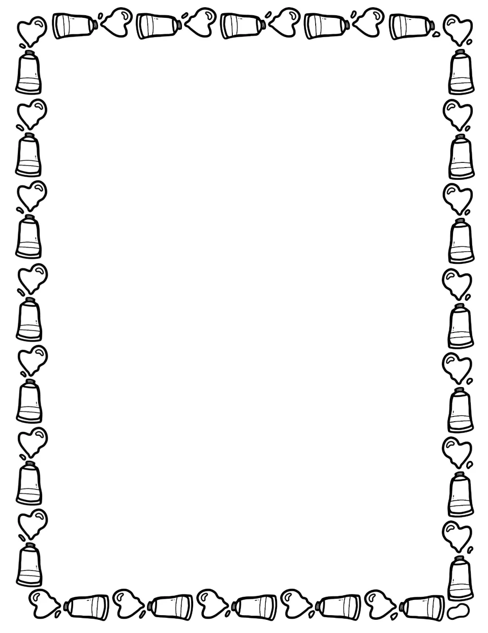 Paint tube page frame: tubes alternate with heart-shaped paint squirts around a blank area for writing or drawing