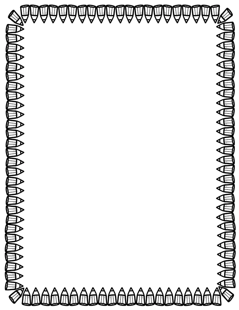 Colored pencil page frame: rows of pencils point inward on all four sides of a blank space for writing or art