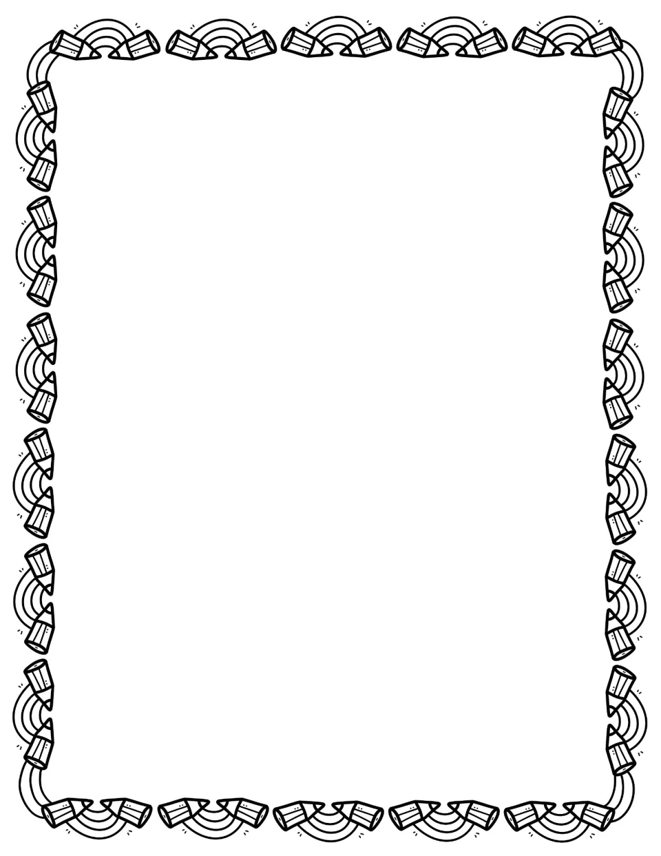 Rainbow pencil page frame: pairs of pencils draw small rainbows around a blank center for a drawing or a story