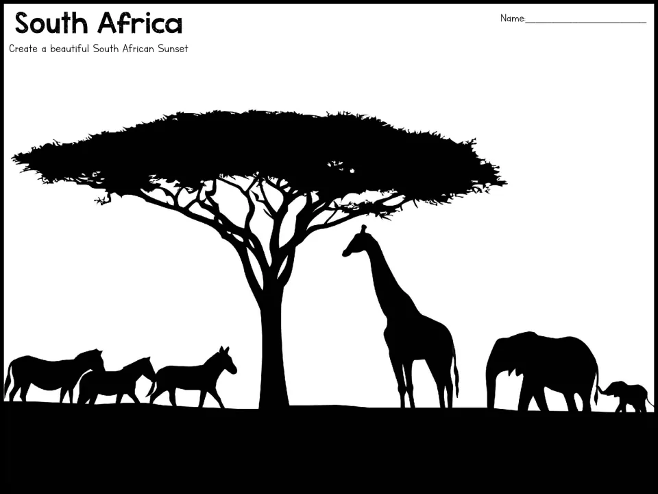 South Africa sunset art project featuring silhouettes of a spreading tree, zebras, a giraffe, and elephants