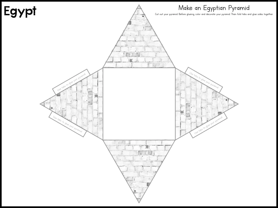 Egypt pyramid craft template with brick patterns and tabs to cut out, color, decorate, fold, and glue