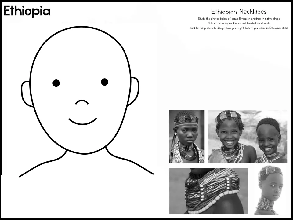 Ethiopia necklace design project with a face outline and reference photos showing necklaces and beaded headbands