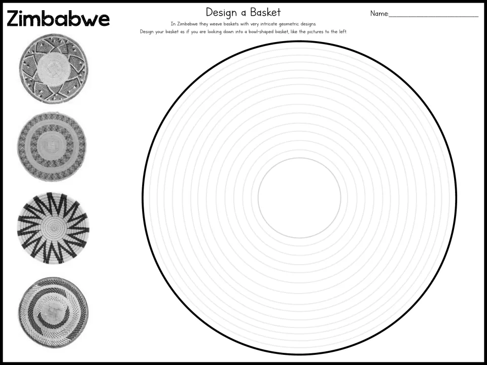 Zimbabwe basket design project with four basket photos and a circular template for drawing geometric patterns
