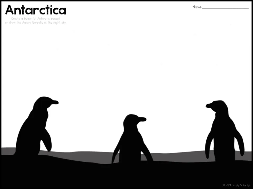 Antarctica art project featuring three penguin silhouettes beneath an open sky to decorate as a sunset