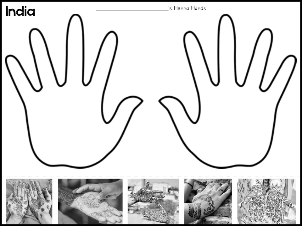 India henna hand design project with two hand outlines and five reference photos of decorated hands