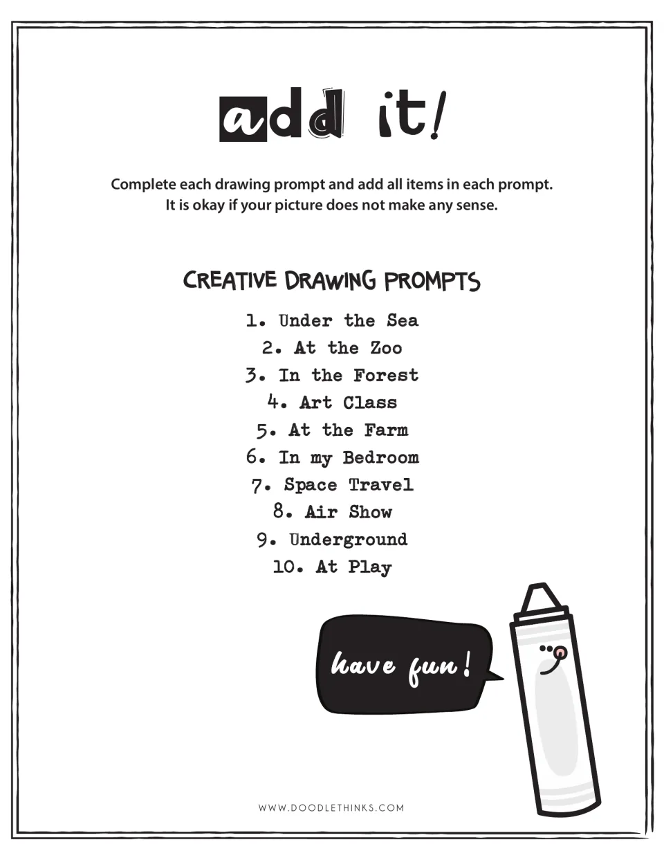 Add It! title page: students add every listed item to each drawing; lists 10 scenes, Under the Sea to At Play