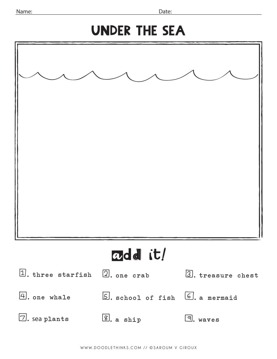 Under the Sea drawing prompt: students draw below the waves and add three starfish, a crab, a whale, a mermaid and a ship