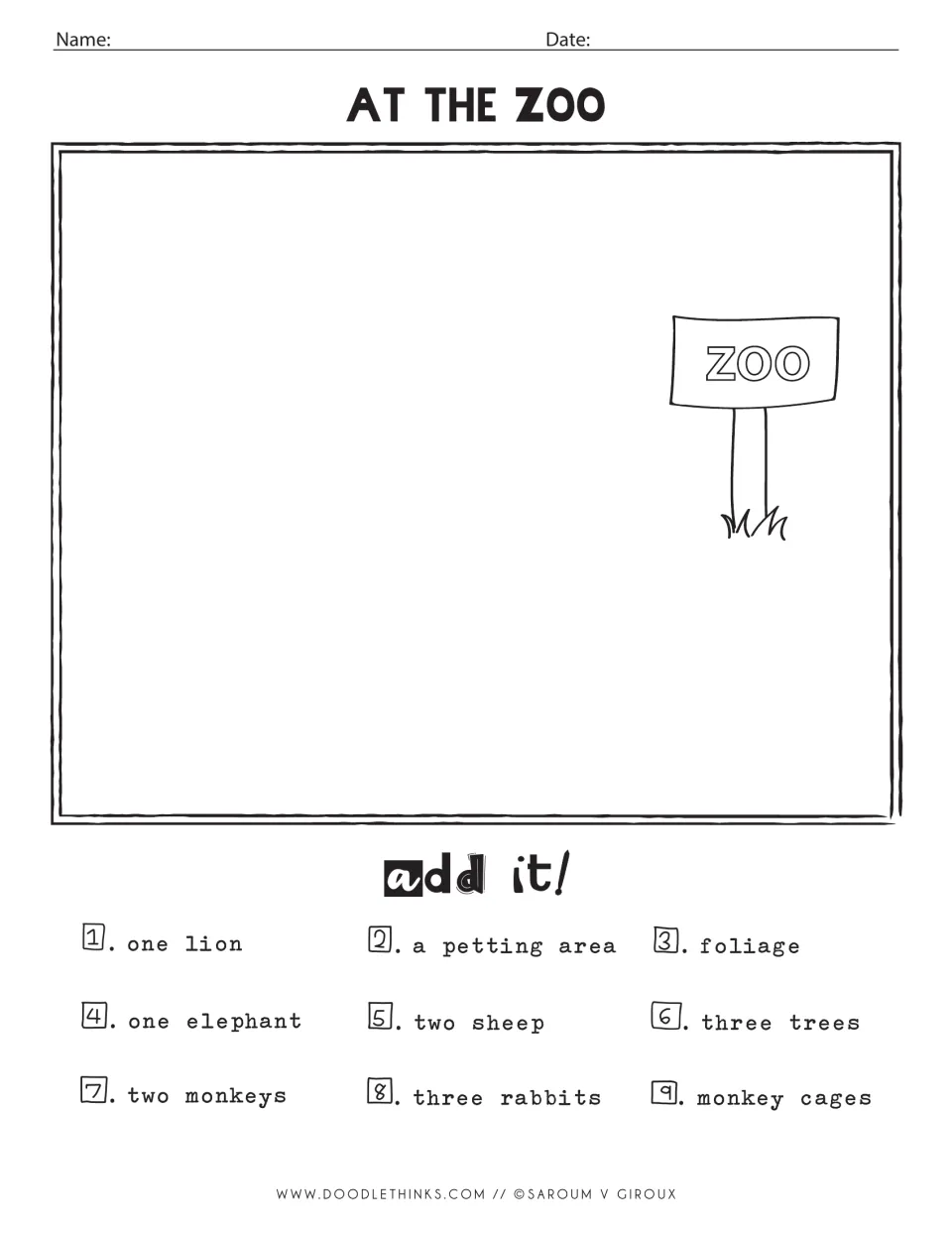 At the Zoo drawing prompt: beside a ZOO sign, students add a lion, an elephant, two monkeys and three rabbits