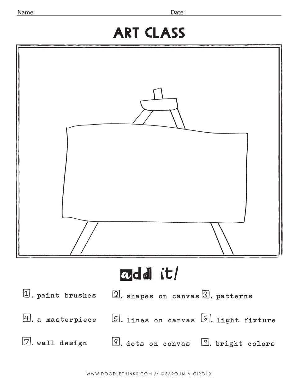 Art Class drawing prompt: on a blank easel canvas, students add shapes, lines, dots, patterns and paint brushes