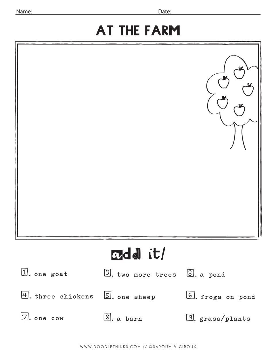 At the Farm drawing prompt: next to an apple tree, students add a goat, a cow, three chickens, a barn and a frog pond
