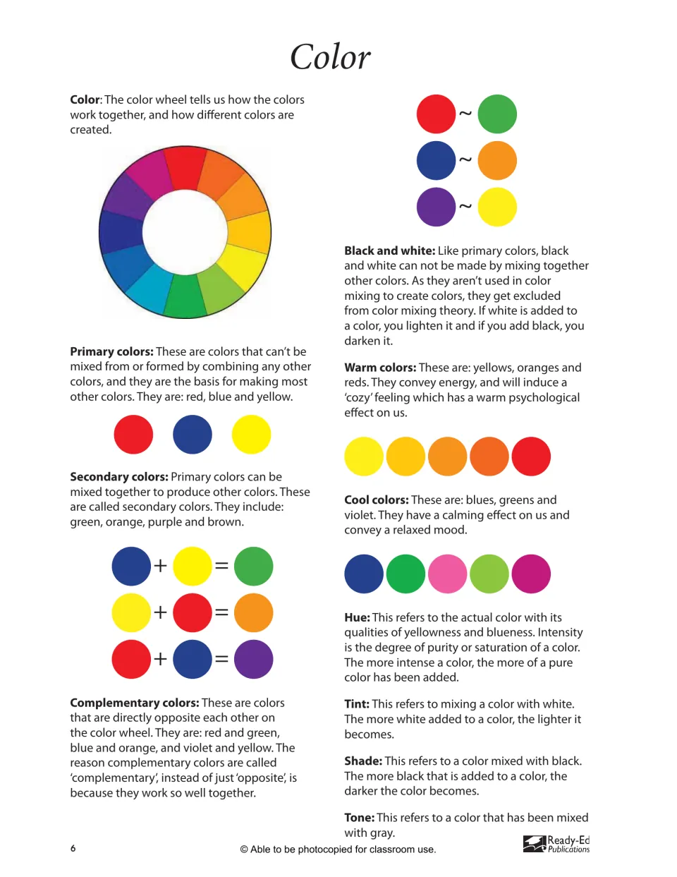 Color theory reference: color wheel, primary and secondary mixing, complementary pairs, warm and cool colors, tint and shade