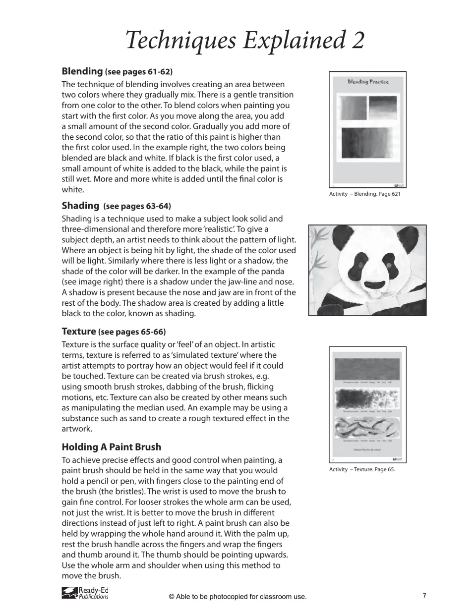 Painting techniques explained: blending black to white, shading a panda for depth, creating texture, and holding the brush