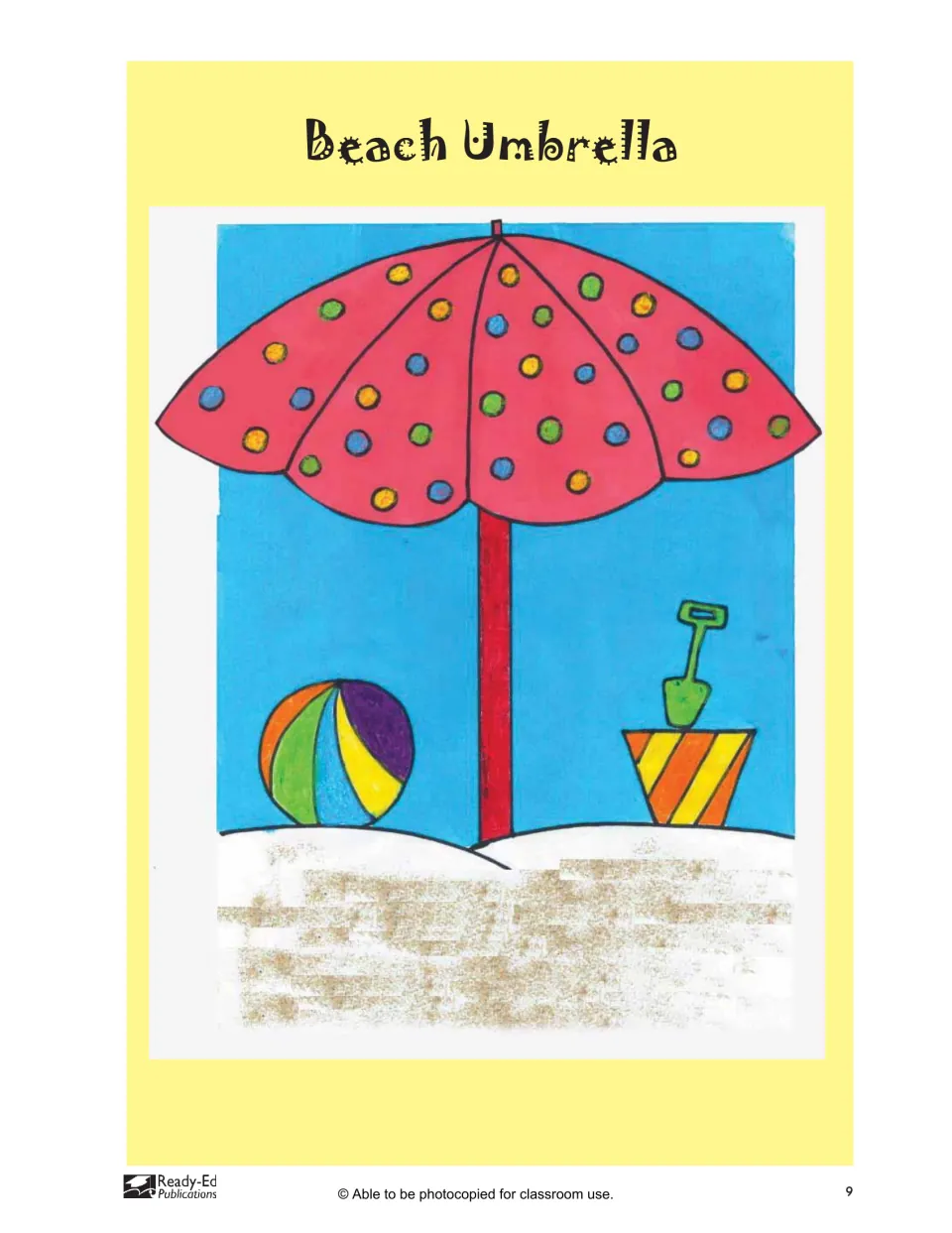 Beach Umbrella finished artwork: a red spotted umbrella over real sand, with a beach ball and bucket and spade on blue sky