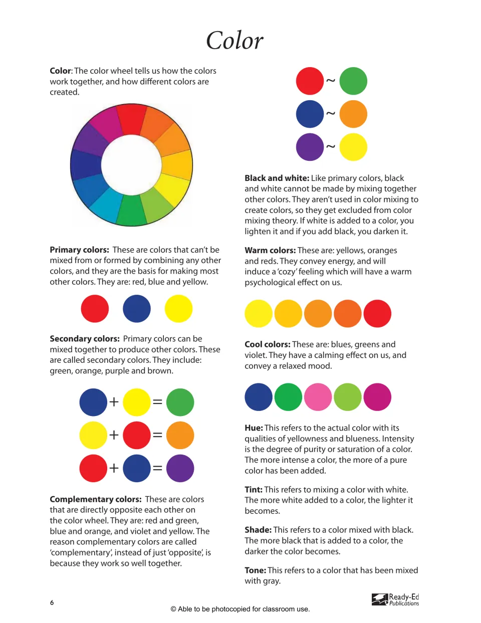 Color theory reference: color wheel, primary, secondary, complementary, warm and cool colors, hue, tint, shade and tone