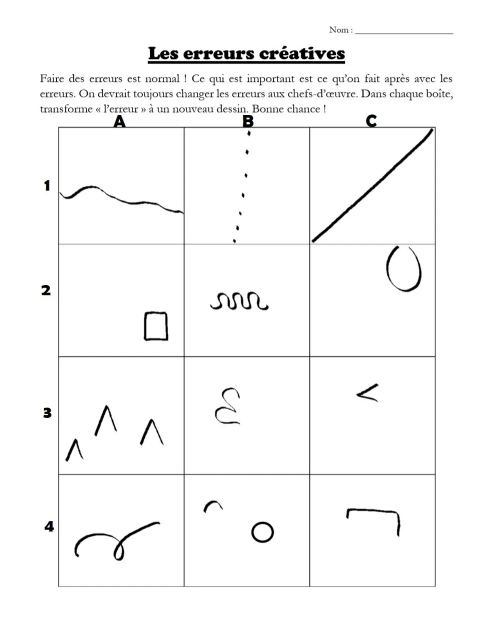 Les erreurs créatives (Creative Mistakes) worksheet: 12 stray marks, each to turn into a new drawing