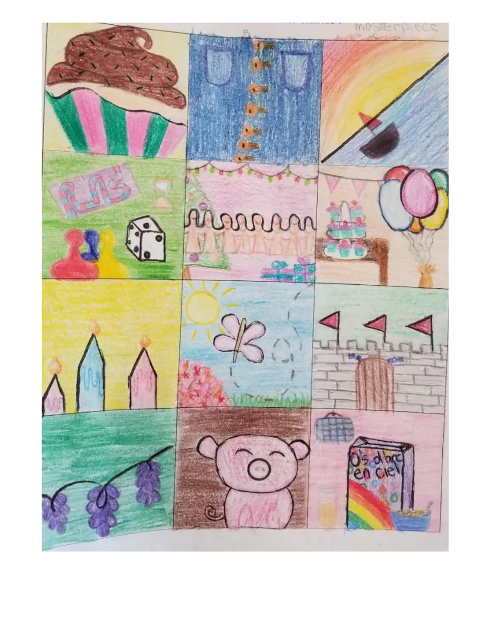Completed student example: the 12 marks turned into a cupcake, balloons, a pig, a castle and a cereal box