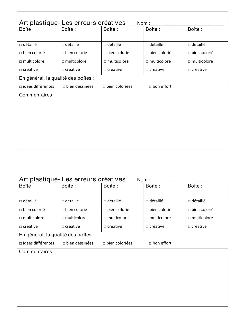 Assessment rubric for five boxes: détaillé (detailed), bien colorié (well colored), multicolore; printed twice
