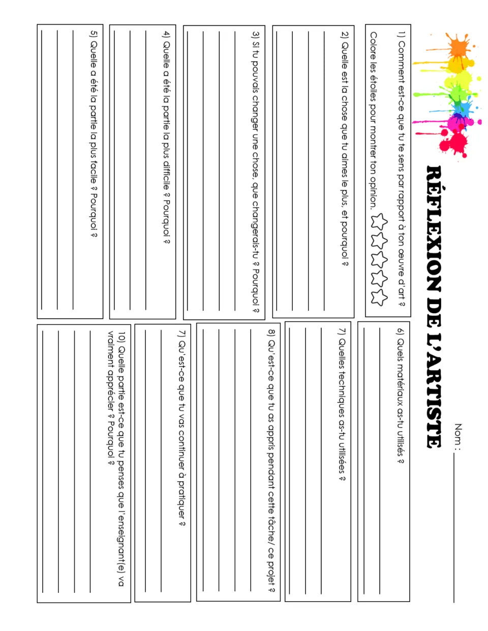 Réflexion de l'artiste (artist reflection) sheet with 10 questions, from star self-rating to techniques used
