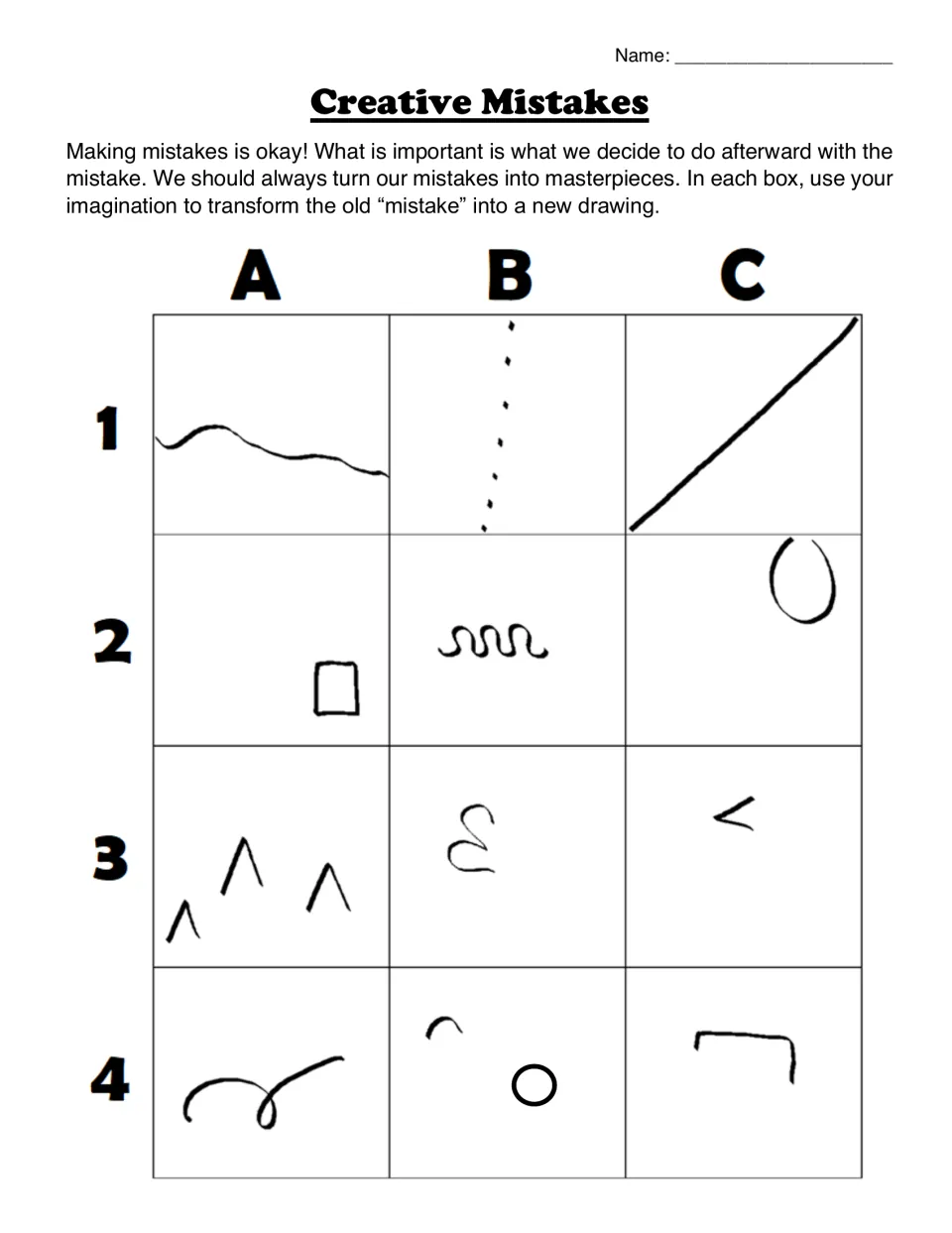 Creative Mistakes drawing sheet: students turn 12 scribbled marks labelled A1 to C4 into new drawings using imagination