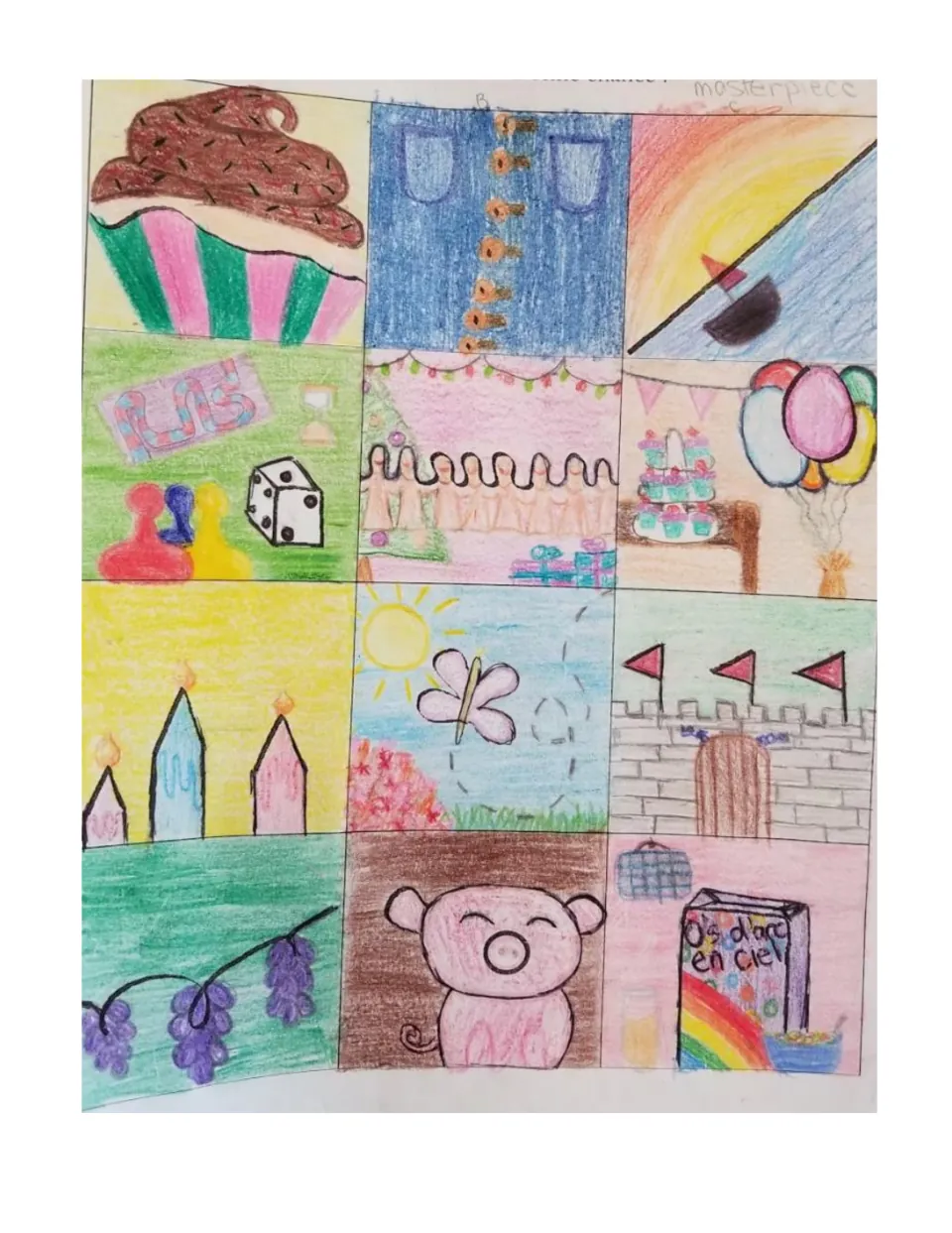 Student example: scribbles turned into a cupcake, board game, balloons, castle, grapes, a pig and a rainbow cereal box