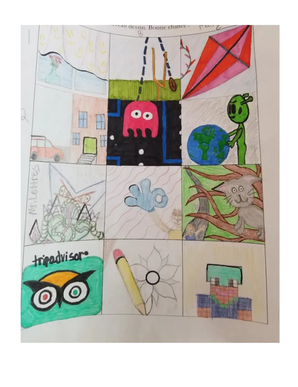 Completed student sample: marks became a kite, football goalpost, arcade ghost, alien holding Earth, cat in a tree and owl