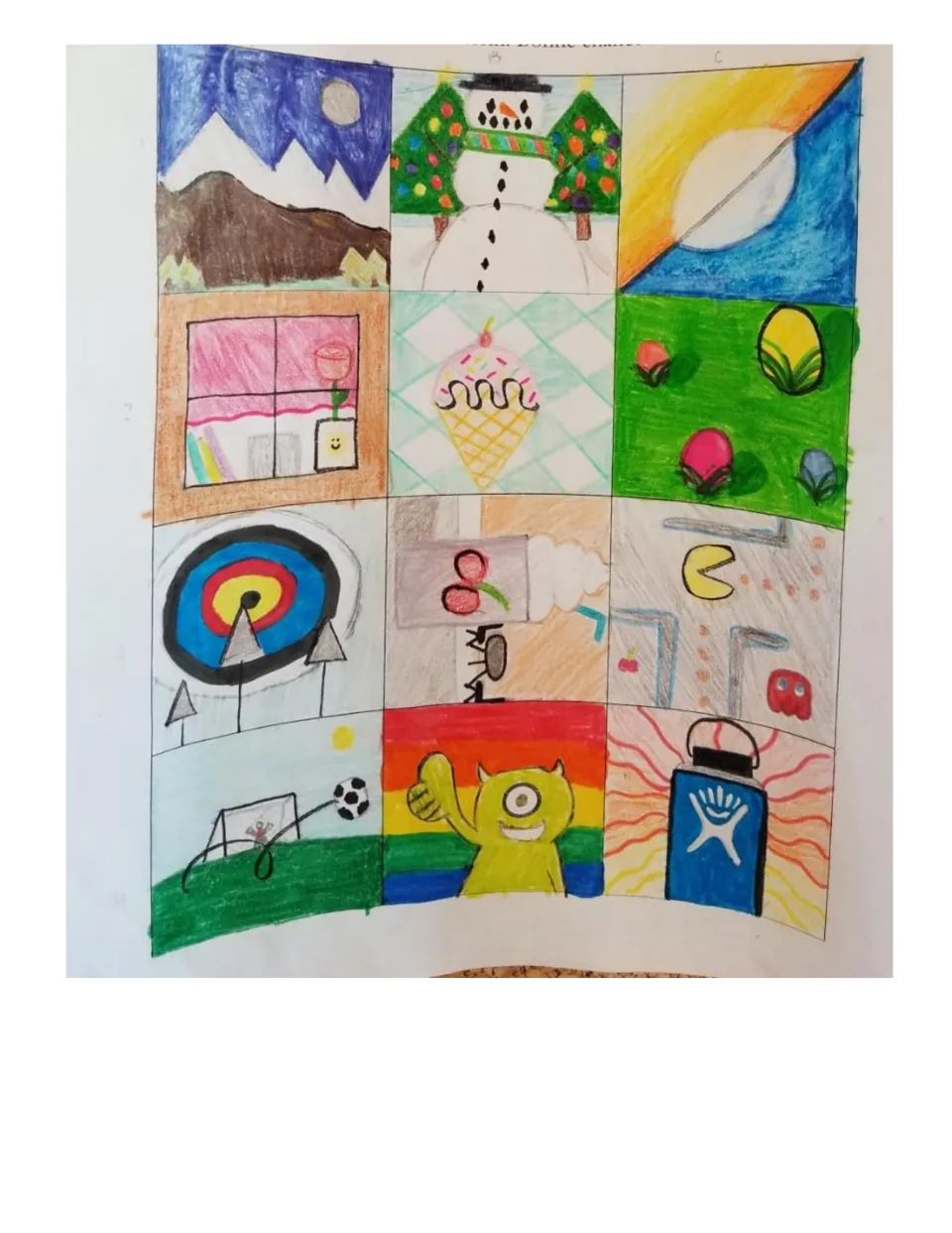 Student sample drawings: snowman with trees, ice cream cone, eggs, archery target, Pac-Man, soccer goal and monster