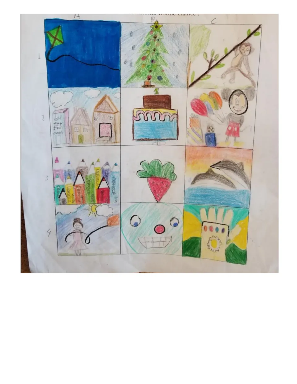 Student drawings: kite, Christmas tree, monkey on branch, birthday cake, coloured pencil houses, strawberry and dolphin