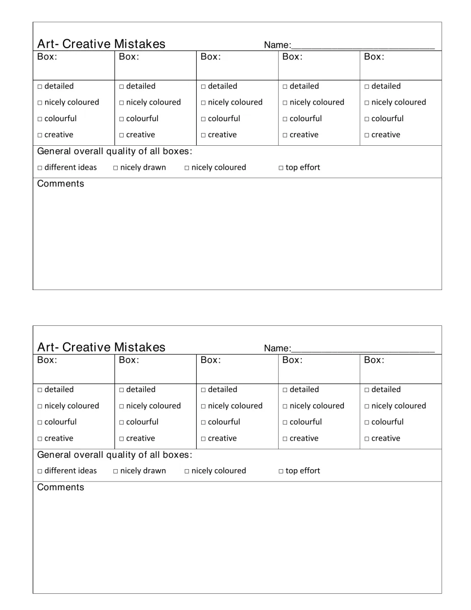 Grading checklist: five chosen boxes each ticked for detailed, nicely coloured, colourful or creative, plus comments