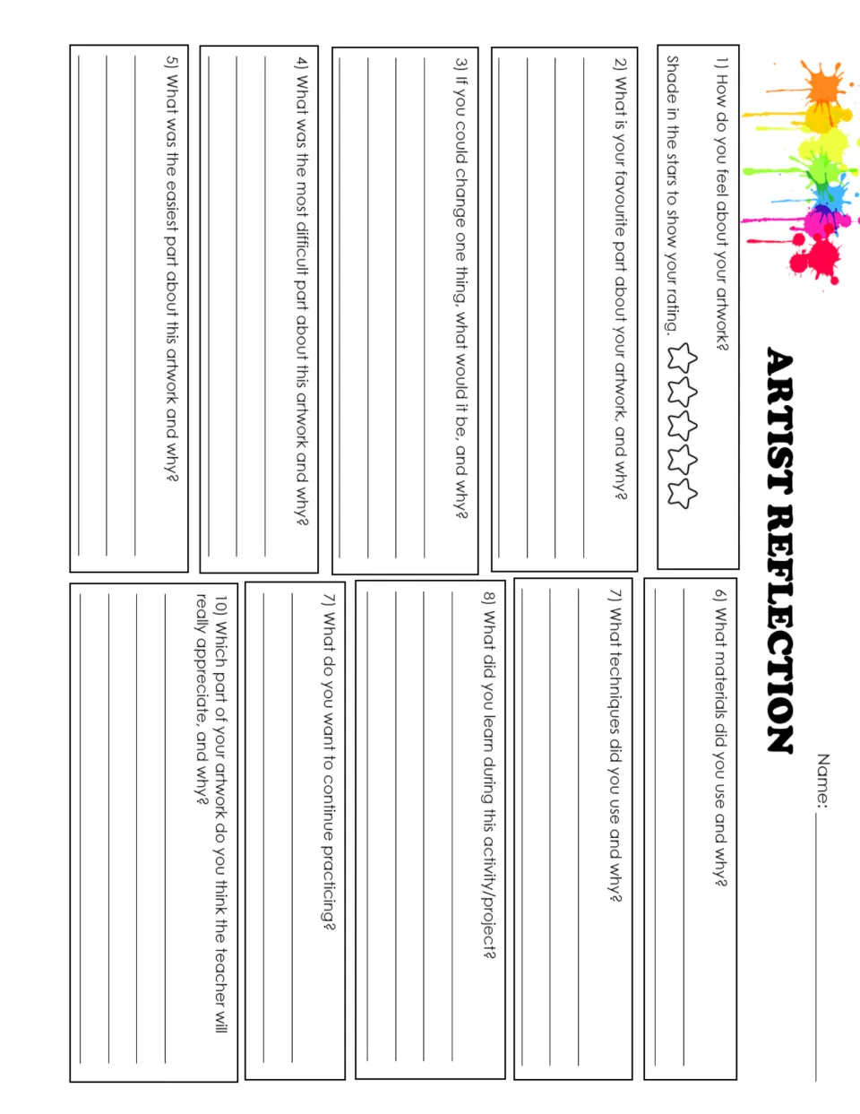 Artist Reflection questions: students star-rate their artwork and answer 10 prompts on materials, techniques and learning