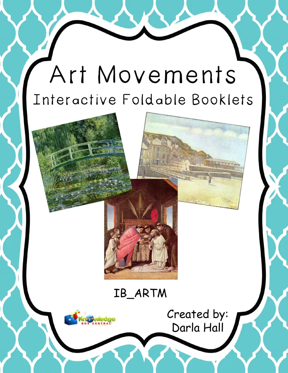 Art Movements foldable booklets cover by Darla Hall showing a water lily bridge, a seaside town and a religious painting