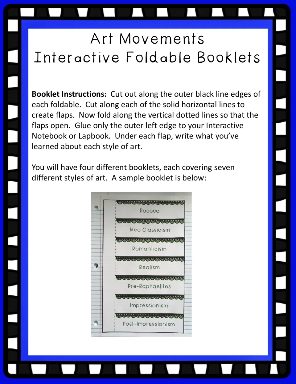 Booklet instructions: students cut, fold and glue flap booklets, then write what they learned about each style of art