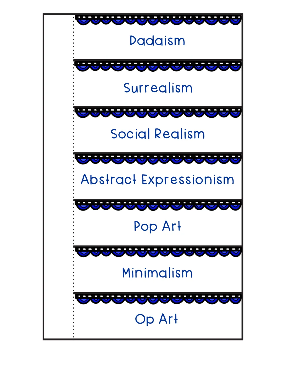 Dadaism to Op Art flap booklet: students note facts on Surrealism, Abstract Expressionism, Pop Art and Minimalism