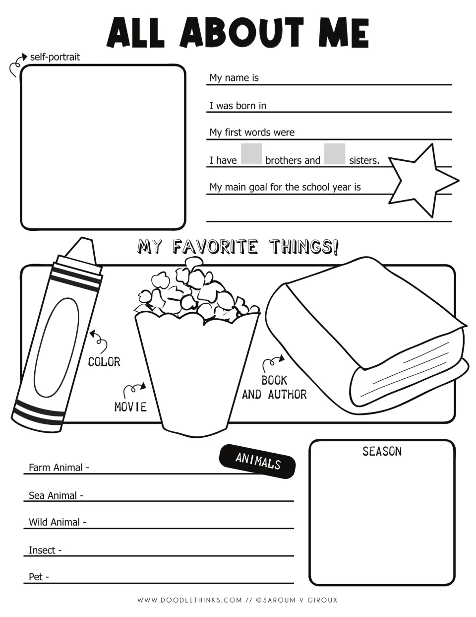 All About Me: students draw a self-portrait, write name, birthplace, first words, siblings, school goal and favorite things