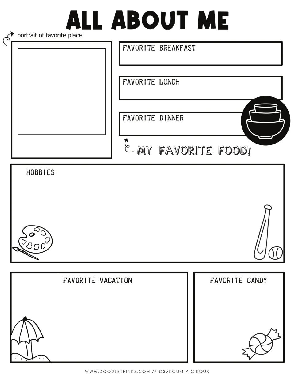 All About Me: students draw a favorite place and list favorite breakfast, lunch, dinner, hobbies, vacation and candy