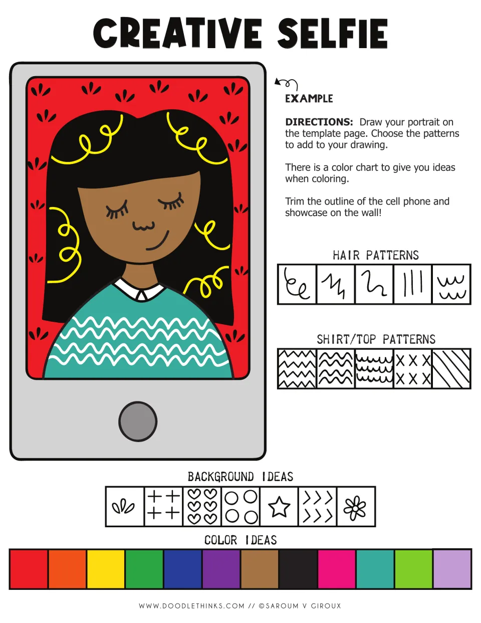 Creative Selfie example: colored portrait in a phone frame with directions plus hair, shirt and background pattern ideas