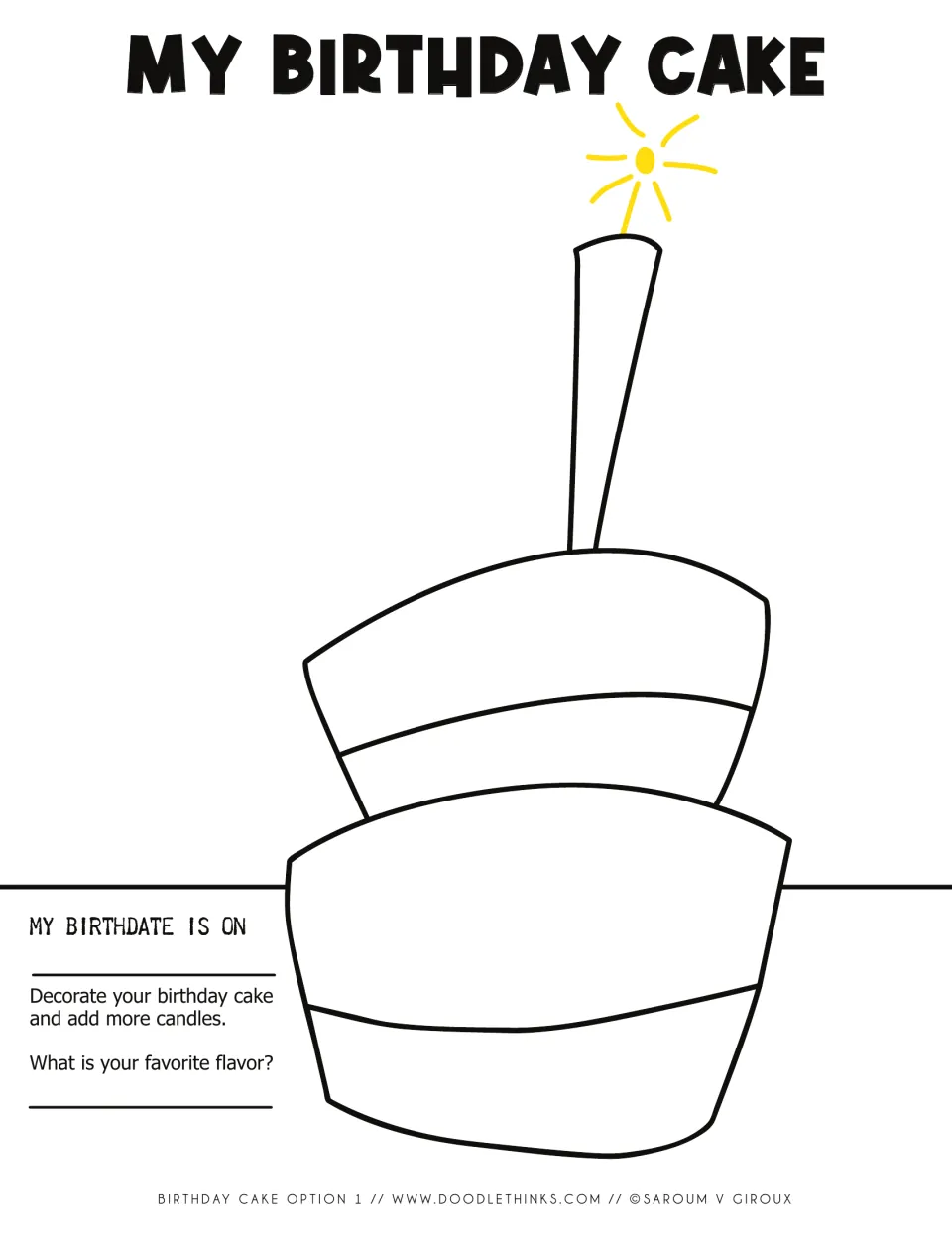 My Birthday Cake option 1: students decorate a tilted two-tier cake, add candles, write their birthdate and flavor