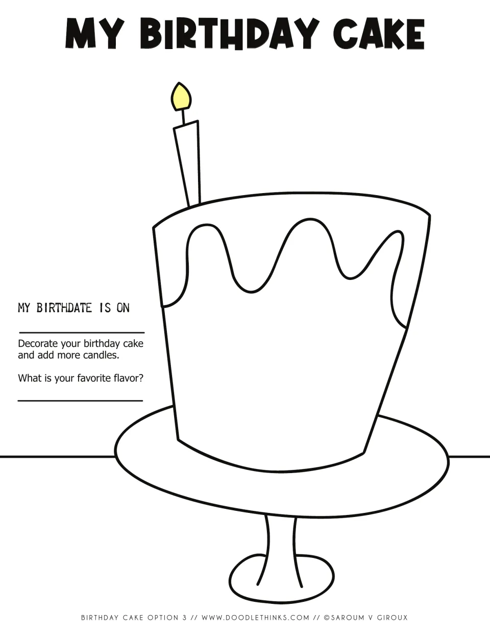 My Birthday Cake option 3: drip-frosted cake on a stand to decorate, with birthdate and flavor prompts