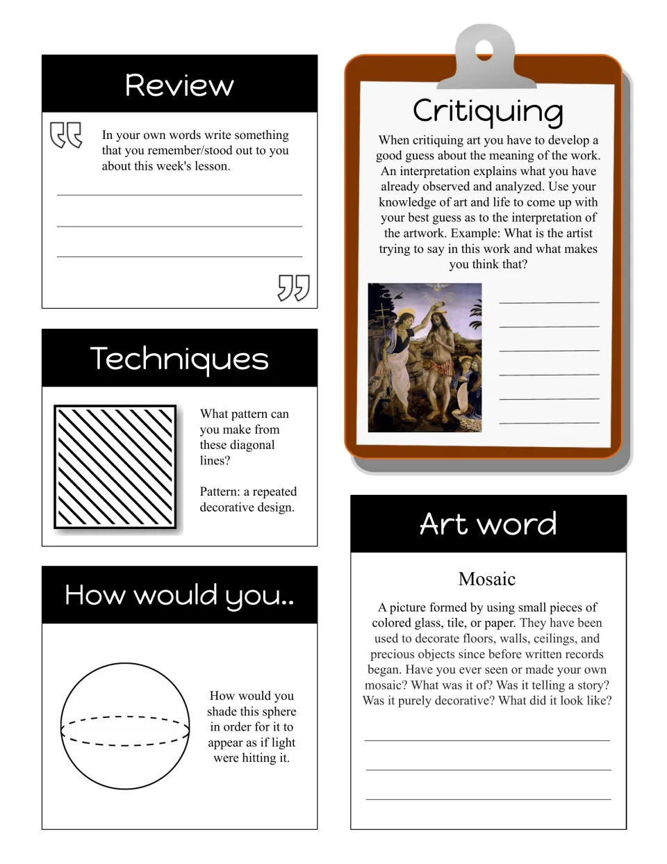 Mosaic art word bell ringer: students shade a sphere, make a diagonal-line pattern and write a reflection