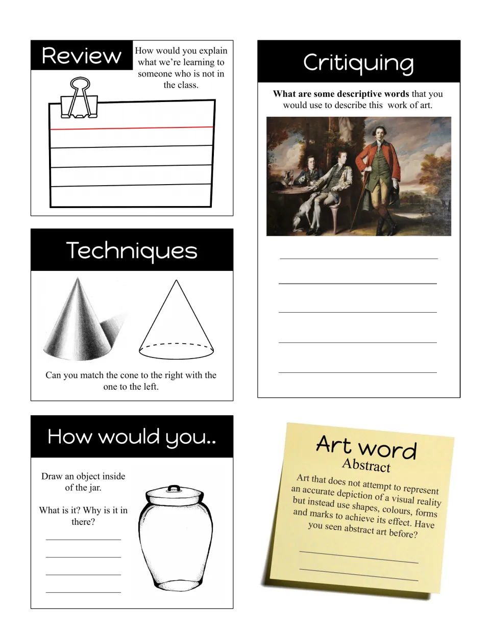 Abstract art word bell ringer: students match two cones, draw an object in a jar and describe a portrait
